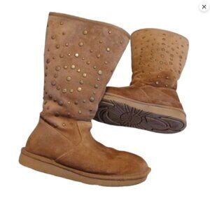 UGG Tan Brown Suede Leather Studded Sherpa Winter Zipper Boots Shoes Size 8